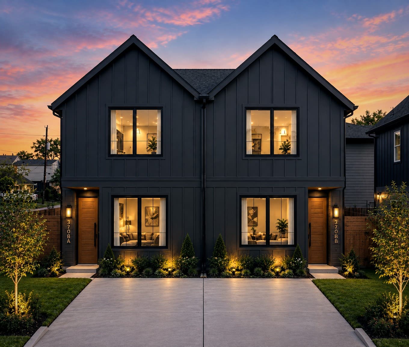 Bear Builders modern custom home at night with dramatic exterior lighting