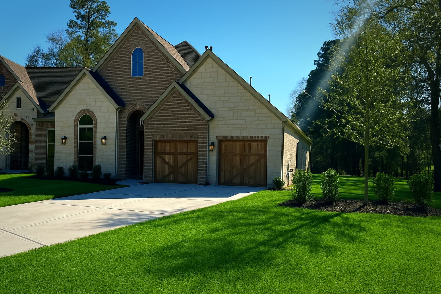 Custom home front exterior with brick and stone facade
