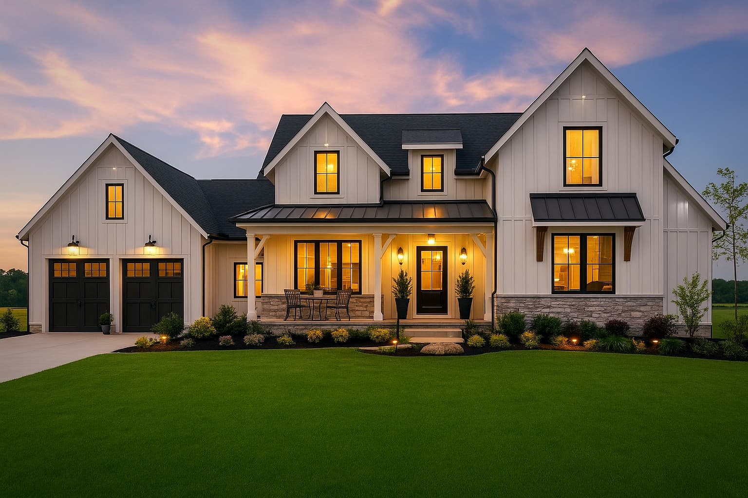 Bear Builders craftsman-style custom home at dusk with lit windows