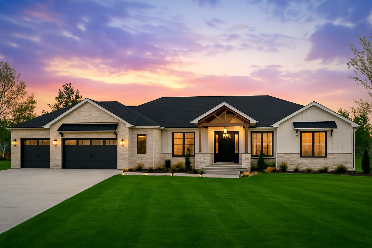 Bear Builders hill-country style custom home at sunset
