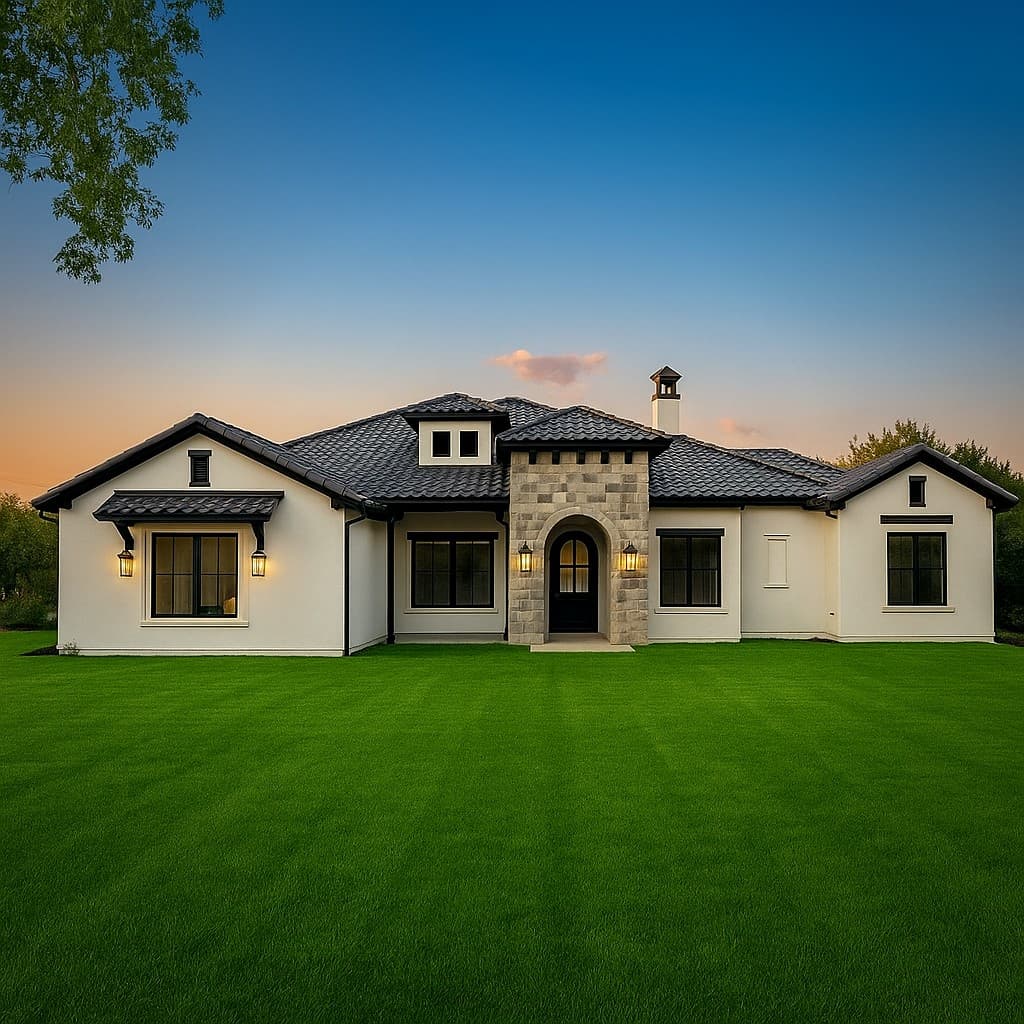 Bear Builders white stucco custom home at dusk