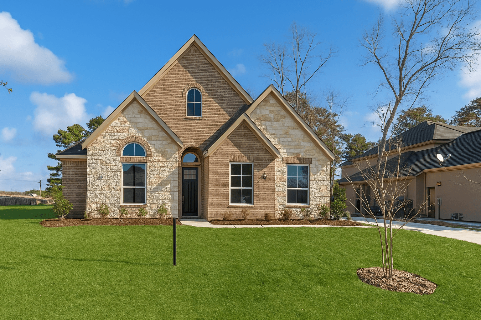 Custom home front exterior with brick and stone facade
