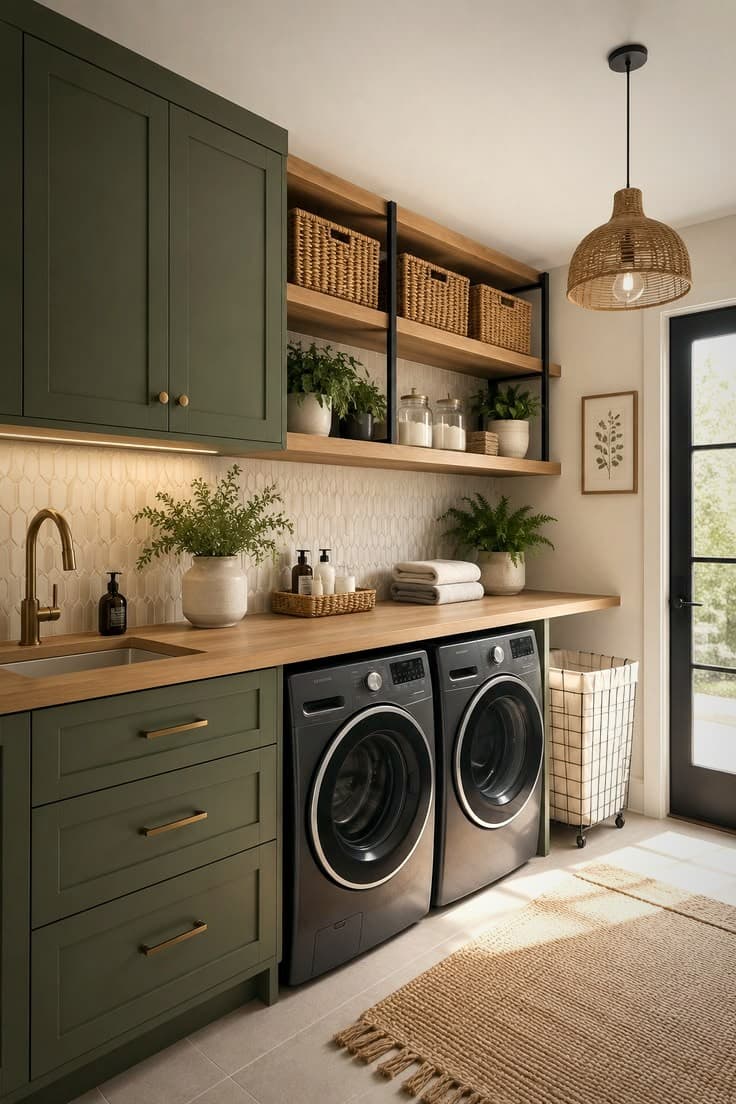 Bear Builders laundry room with custom green cabinetry